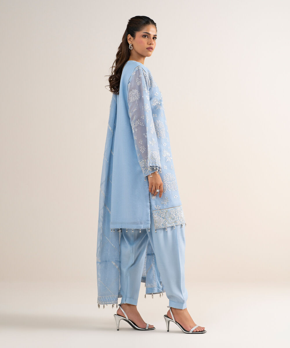 Women's Unstitched Khaddi Net Embroidered Blue