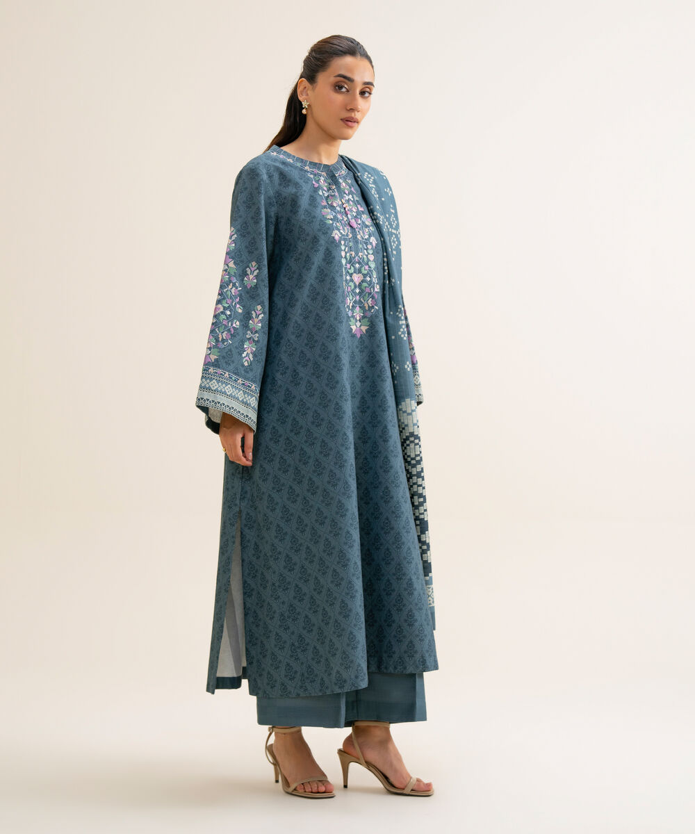 Women's Unstitched Light Khaddar Embroidered Blue 3 Piece Suit