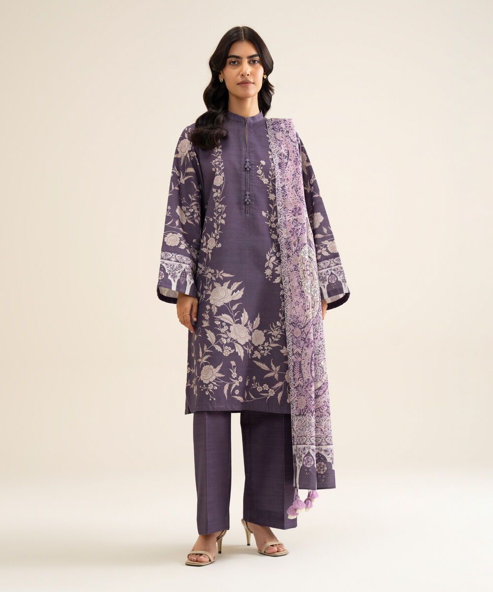 Women's Unstitched Premium Khaddar Printed Lilac 3 Piece Suit