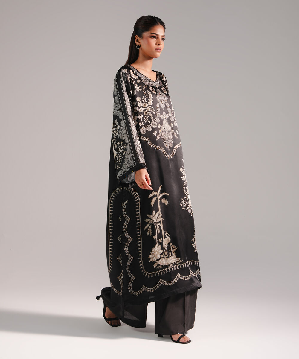 Women's RTW Blended Satin Printed Dark Brown 2 Piece Suit