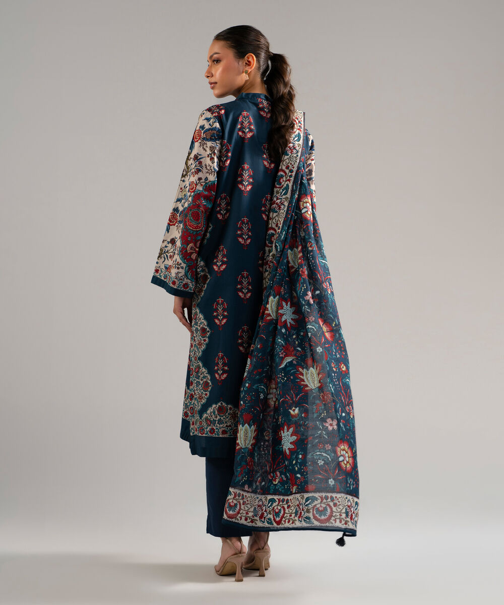 Women's RTW Slub Lawn Printed Blue 3 Piece Suit