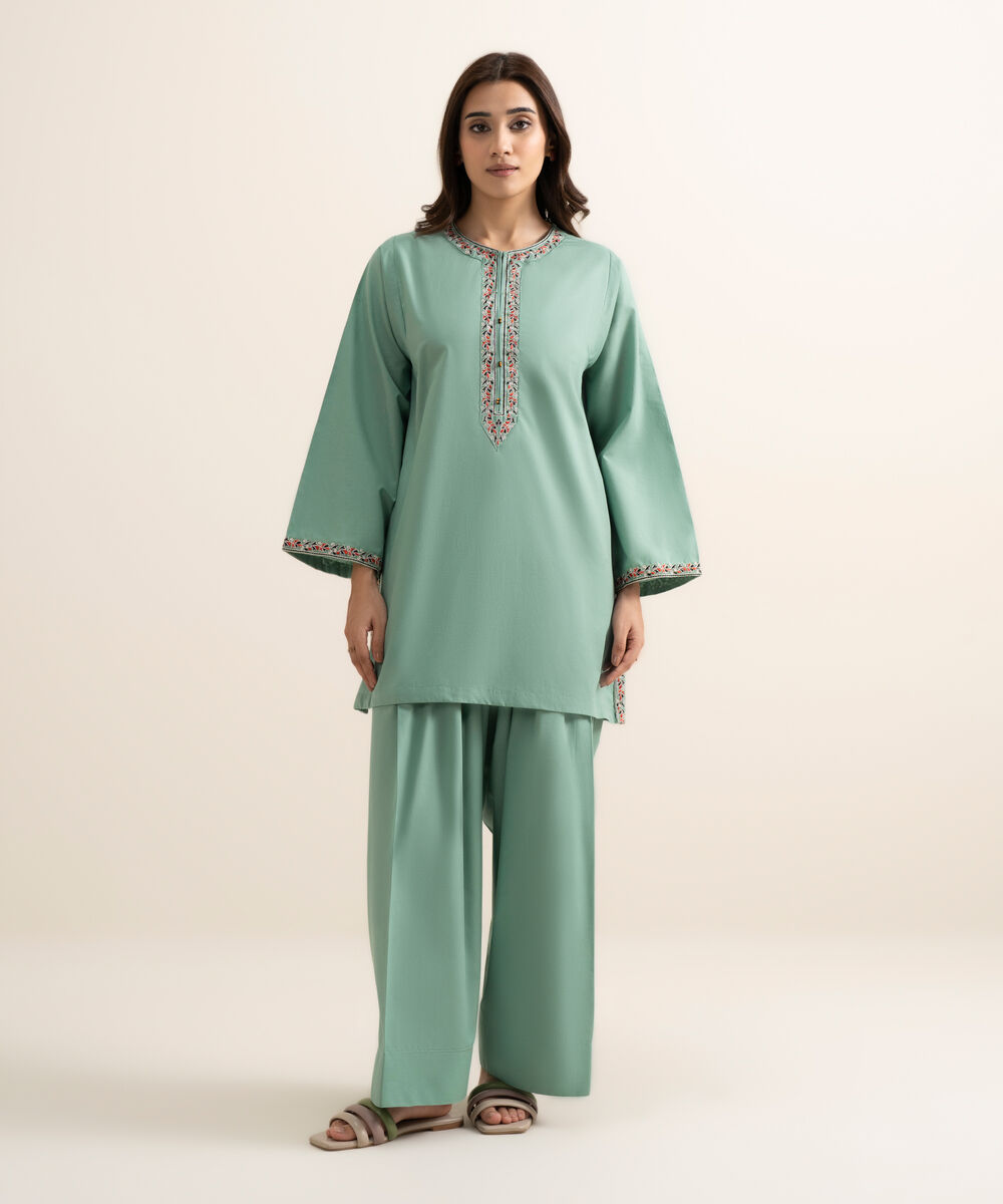 Women's RTW Cambric Embroidered Green Boxy Shirt
