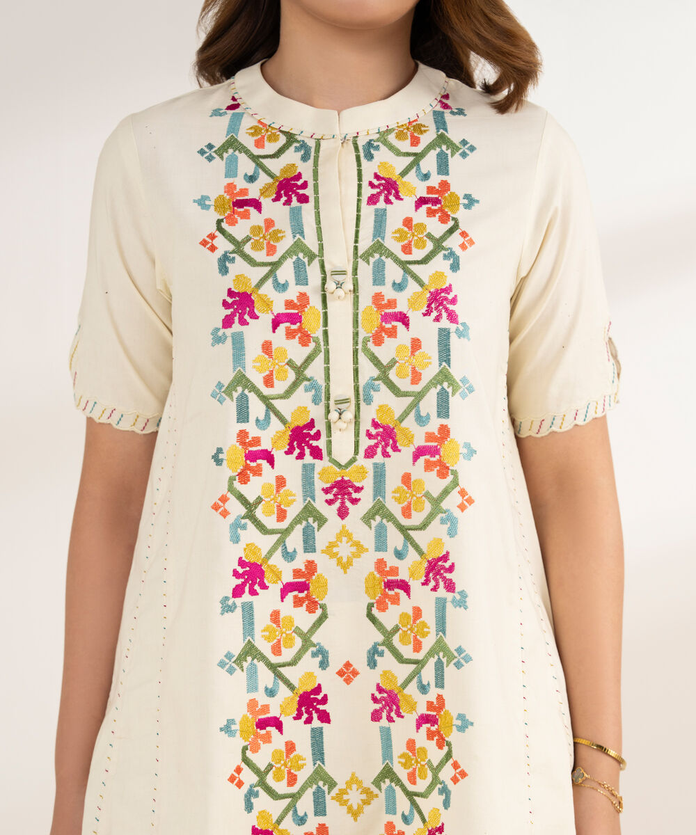 Women's Unstitched Cotton Embroidered Off White 3 Piece Suit