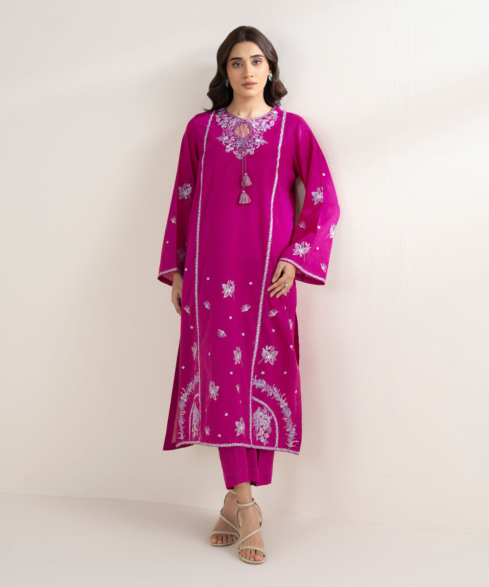 Women's RTW Self Jacquard Embroidered A-Line Pink Shirt