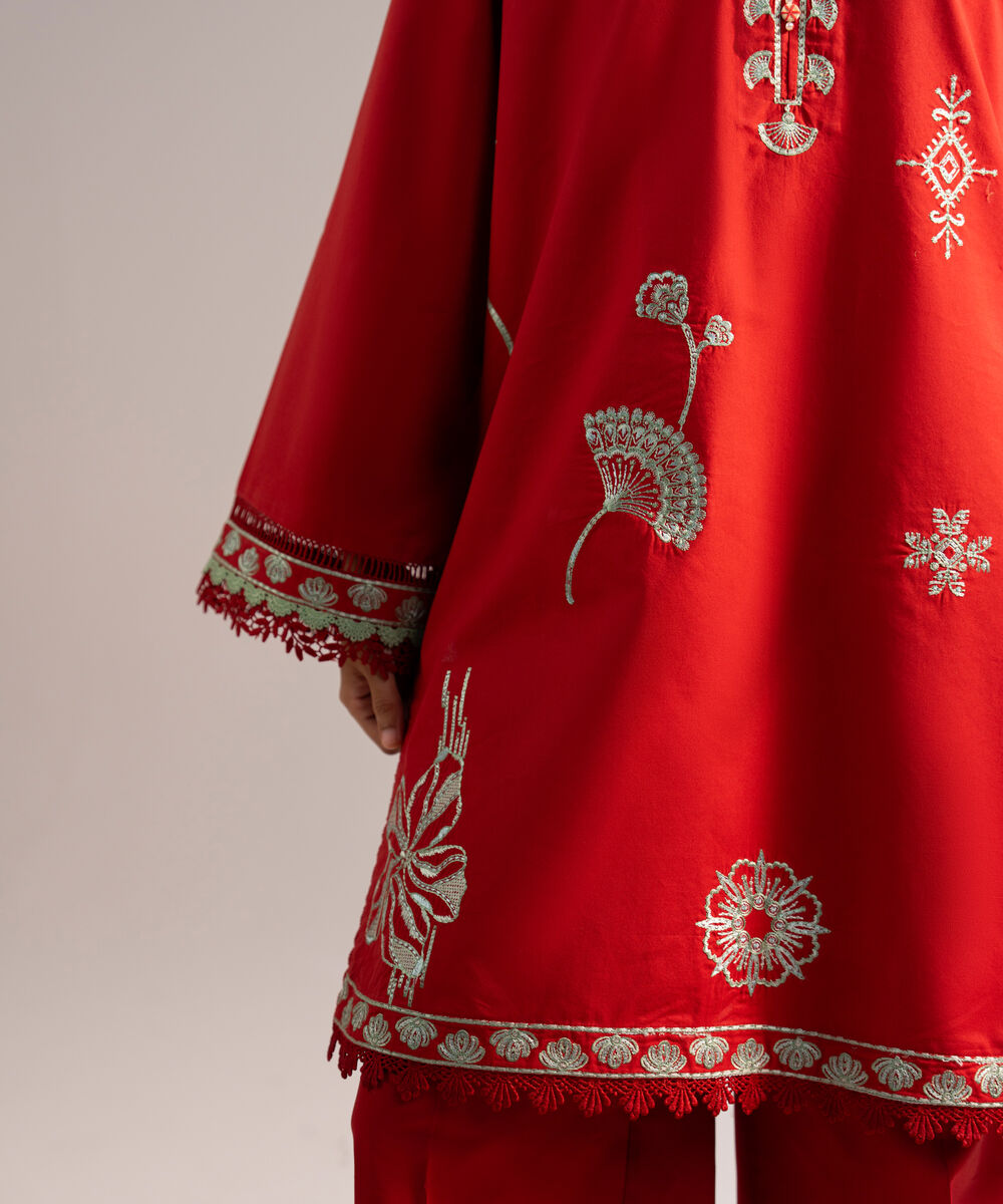 Women's RTW Cotton Viscose Embroidered Red A-Line Shirt
