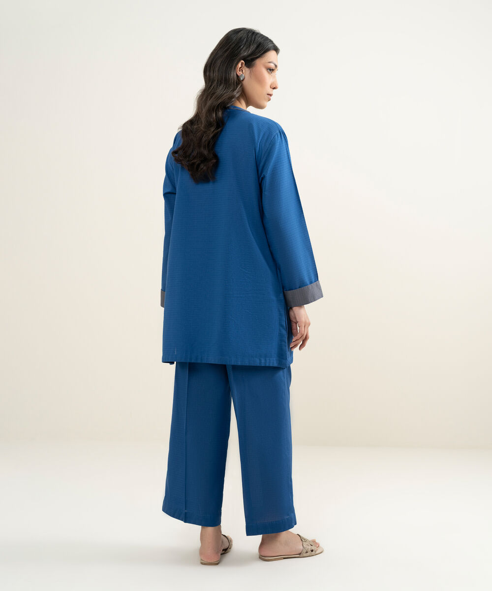 Women's RTW Dobby Solid Blue Straight Shirt