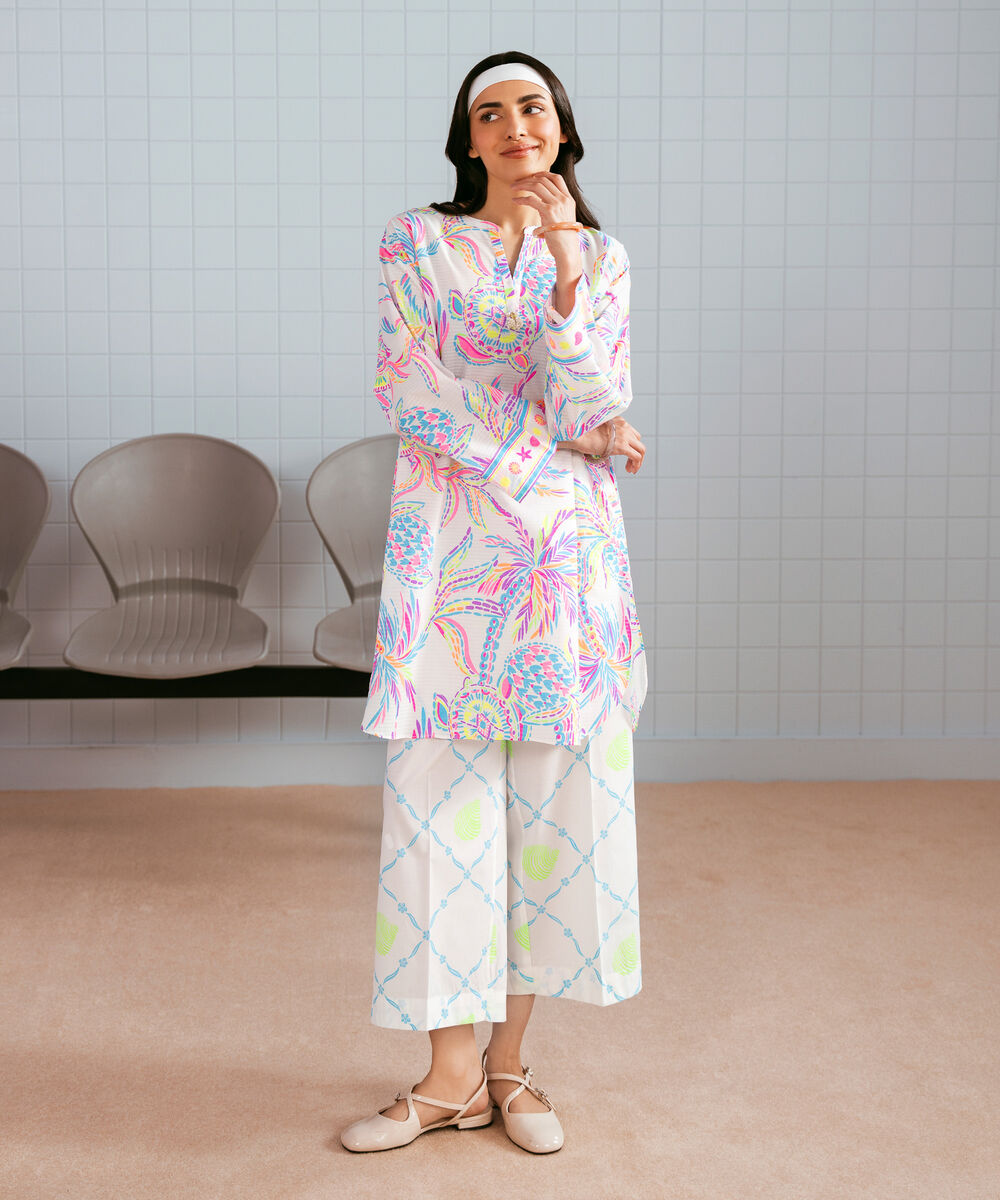 Women's RTW Dobby Printed White 2 Piece Suit