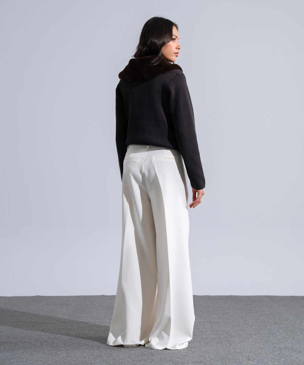 Women's Western Wear White Polyester Pleated Wide Leg Trousers