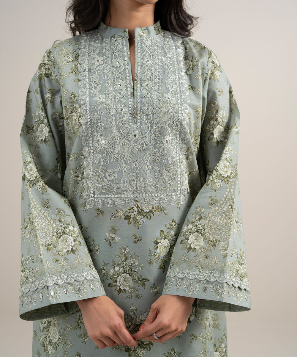 Women's Unstitched Lawn Embroidered Light Smoke Green 3 Piece Suit
