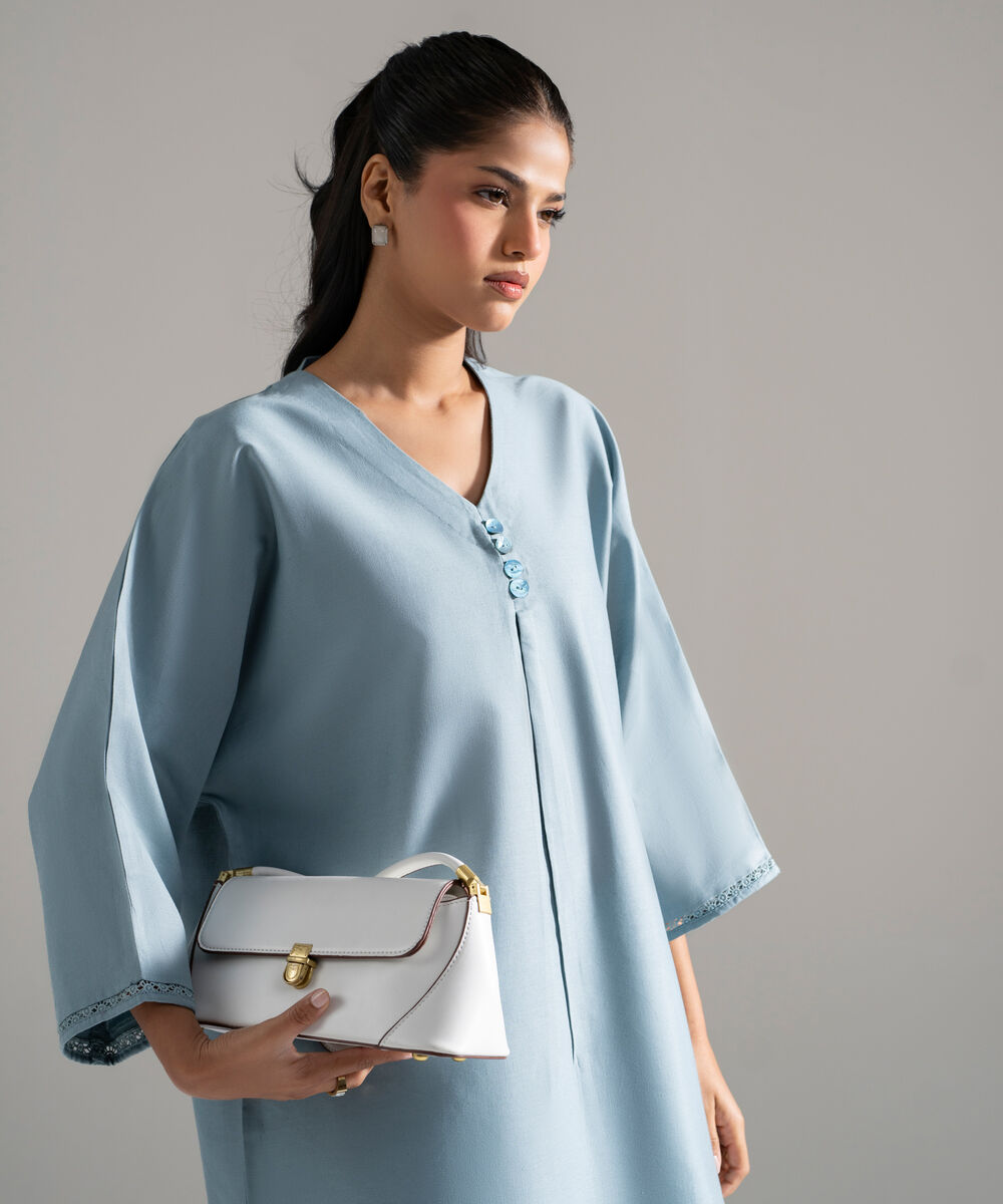 Women's RTW Cotton Linen Solid Blue 2 Piece Suit