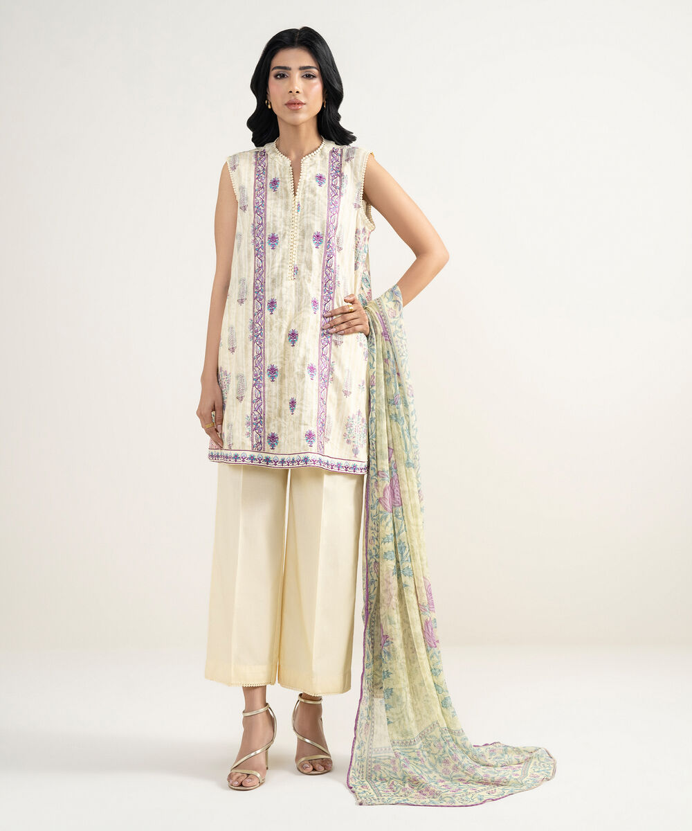 Women's RTW Dobby Embroidered Yellow 3 Piece Suit