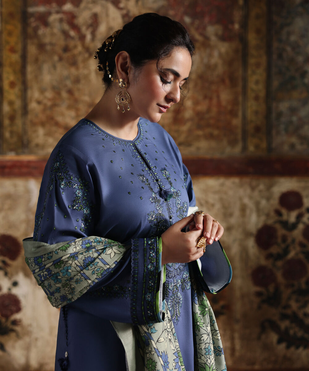 Women's Unstitched Textured Cotton Embroidered Blue 2 Piece Suit