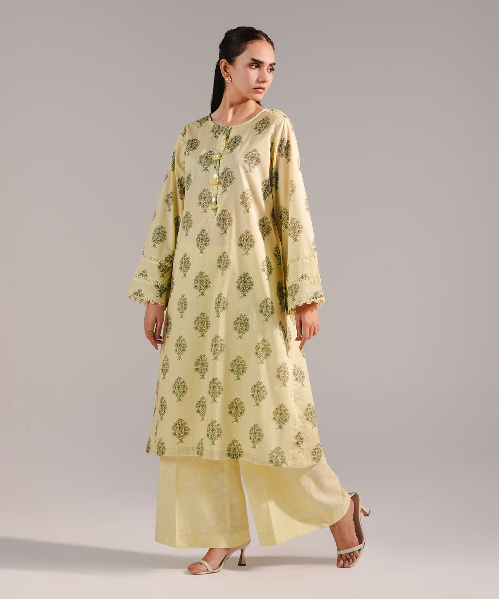 Women's RTW Lawn Printed Lime Yellow Straight Shirt