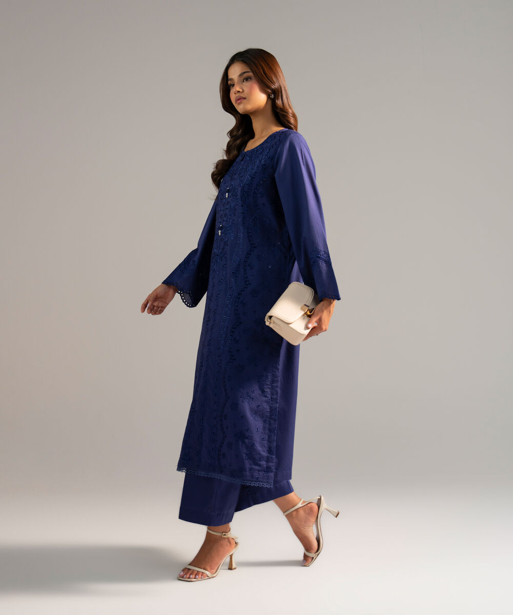 Women's RTW Dobby Embroidered Dark Blue 2 Piece Suit