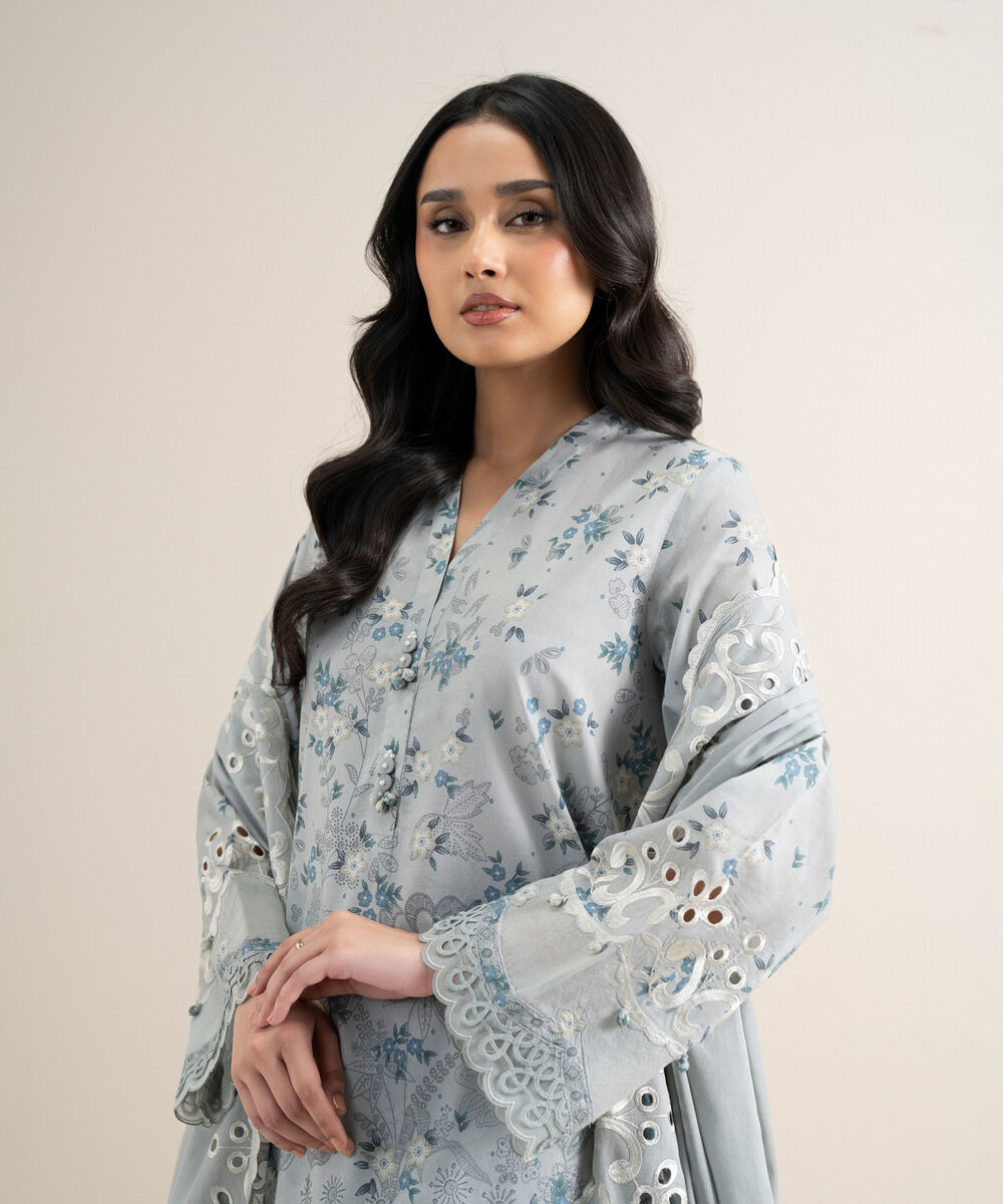 Women's Unstitched Lawn Embroidered Grey 3 Piece Suit