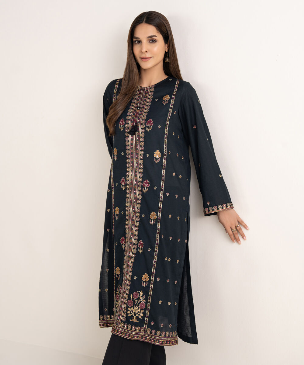 Women's RTW Textured Cotton Black Embroidered A-Line Shirt