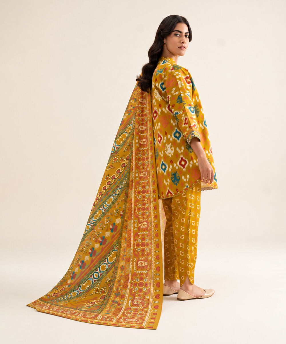 Women's Unstitched Cotton Printed Mustard 3 Piece Suit