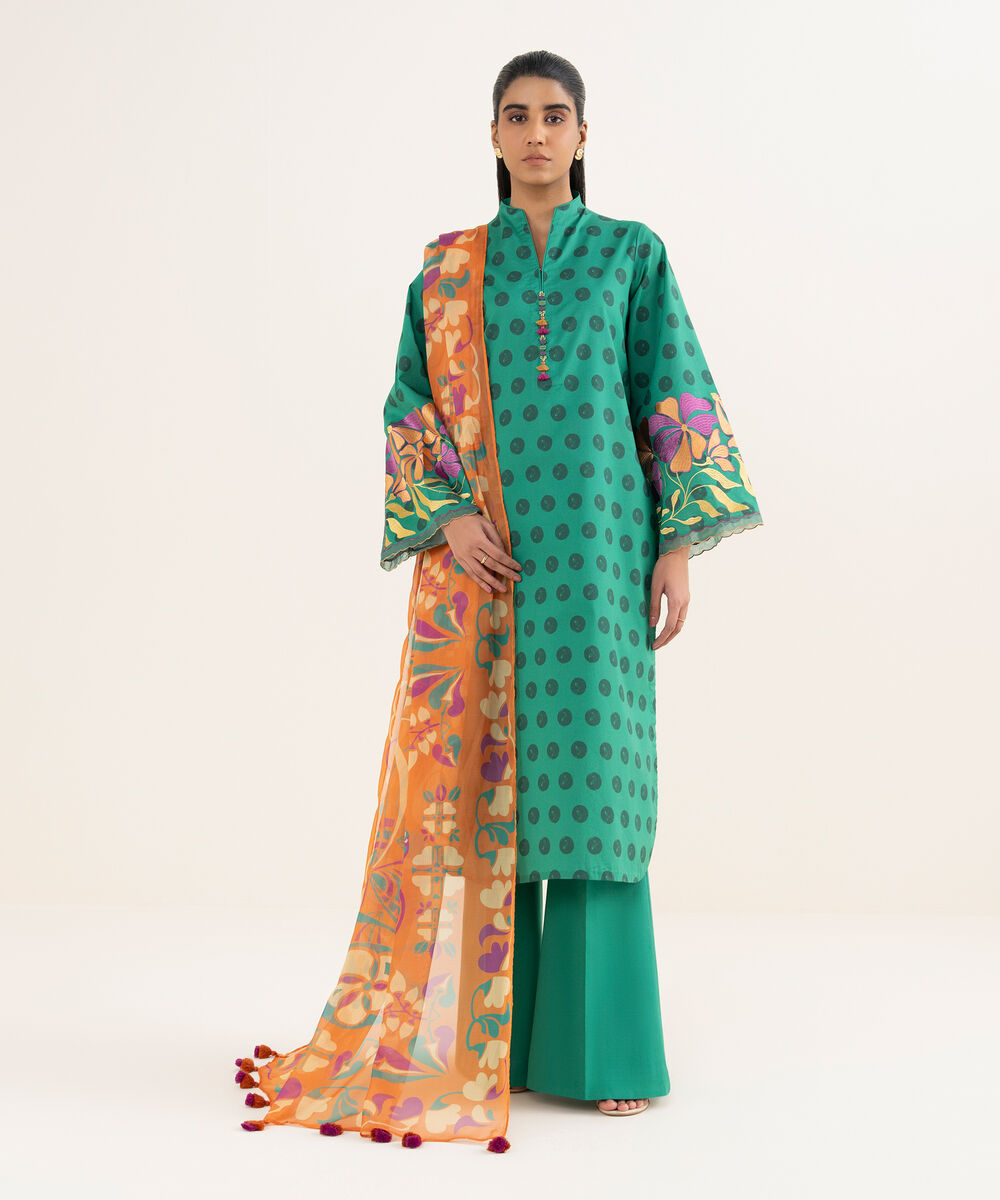 Women's Unstitched Lawn Printed Green 3 Piece Suit