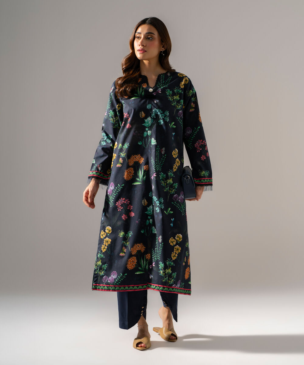 Women's RTW Cambric Printed Black Straight Shirt