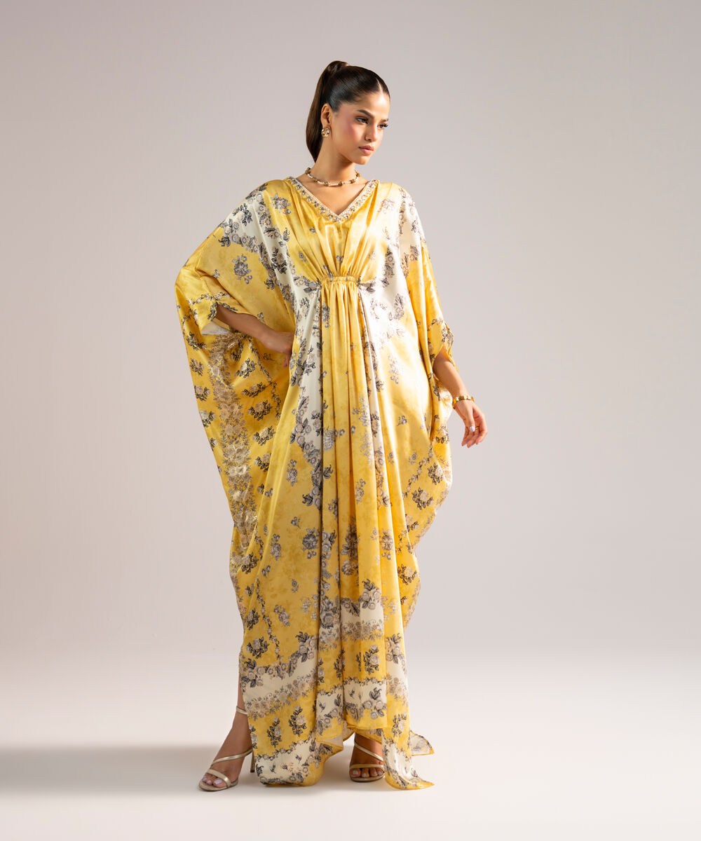 Women's RTW Blended Satin Printed Yellow Kaftan