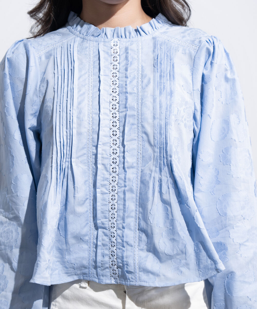 Women's Western Light Blue Textured Blouse With Puffed Sleeves