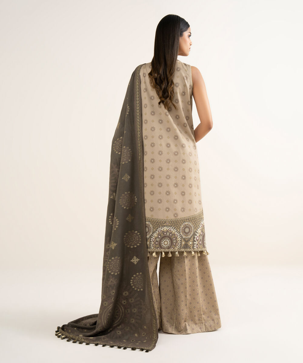 Women's Unstitched Fine Cotton Satin Embroidered Beige  3 Piece Suit