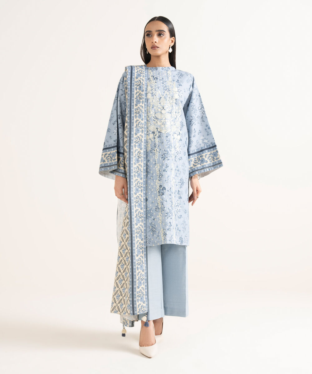 Women's Unstitched Cotton Embroidered Blue 2 Piece Suit