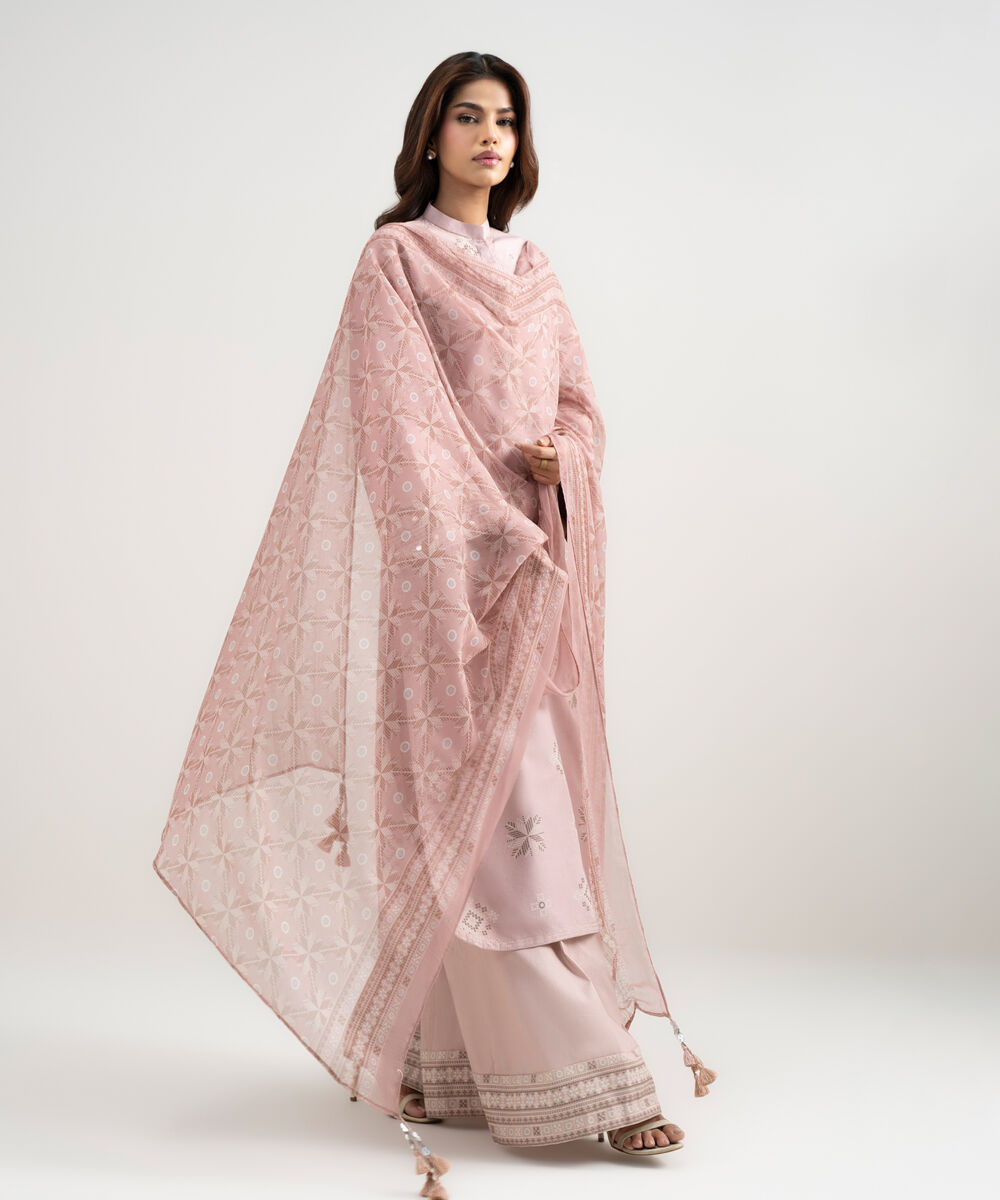 Women's Unstitched Zari Lawn Printed Pink 3 Piece Suit