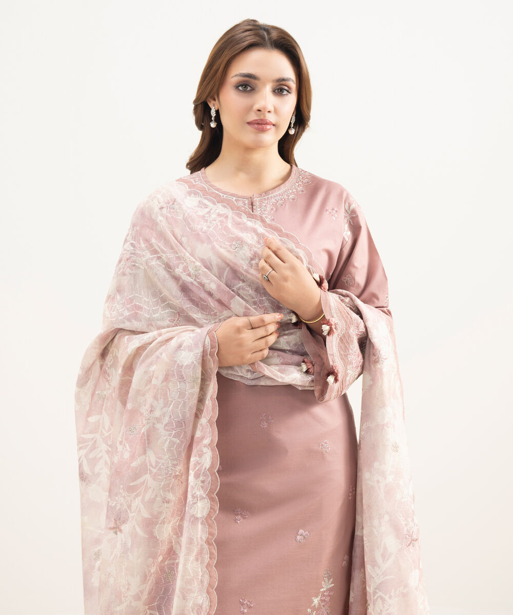 Women's Unstitched Lawn Embroidered Pink 3 Piece Suit