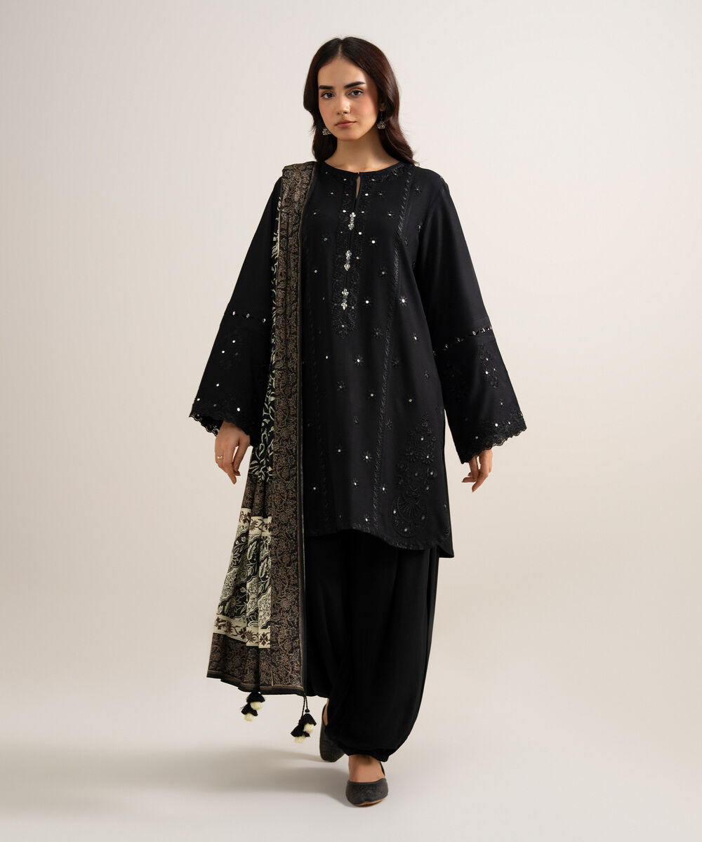 Women's Unstitched Embroidered Linen Black 3 Piece Suit