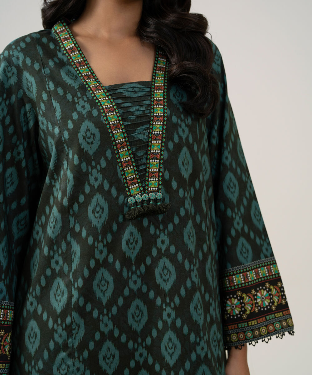 Women's Unstitched Linen Printed Teal Green 2 Piece Suit