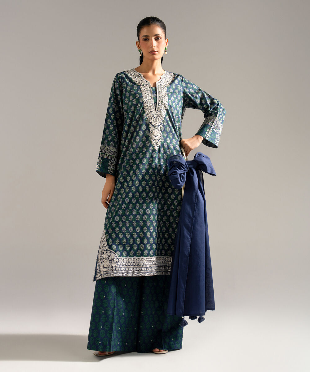 Women's RTW Lawn Embroidered Blue 3 Piece Suit
