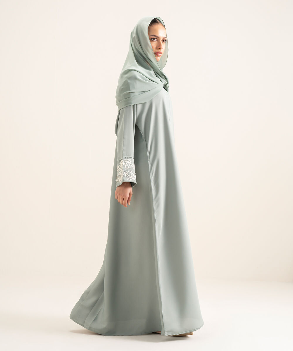 Women's Light Green Embroidered Kimono Abbaya Set