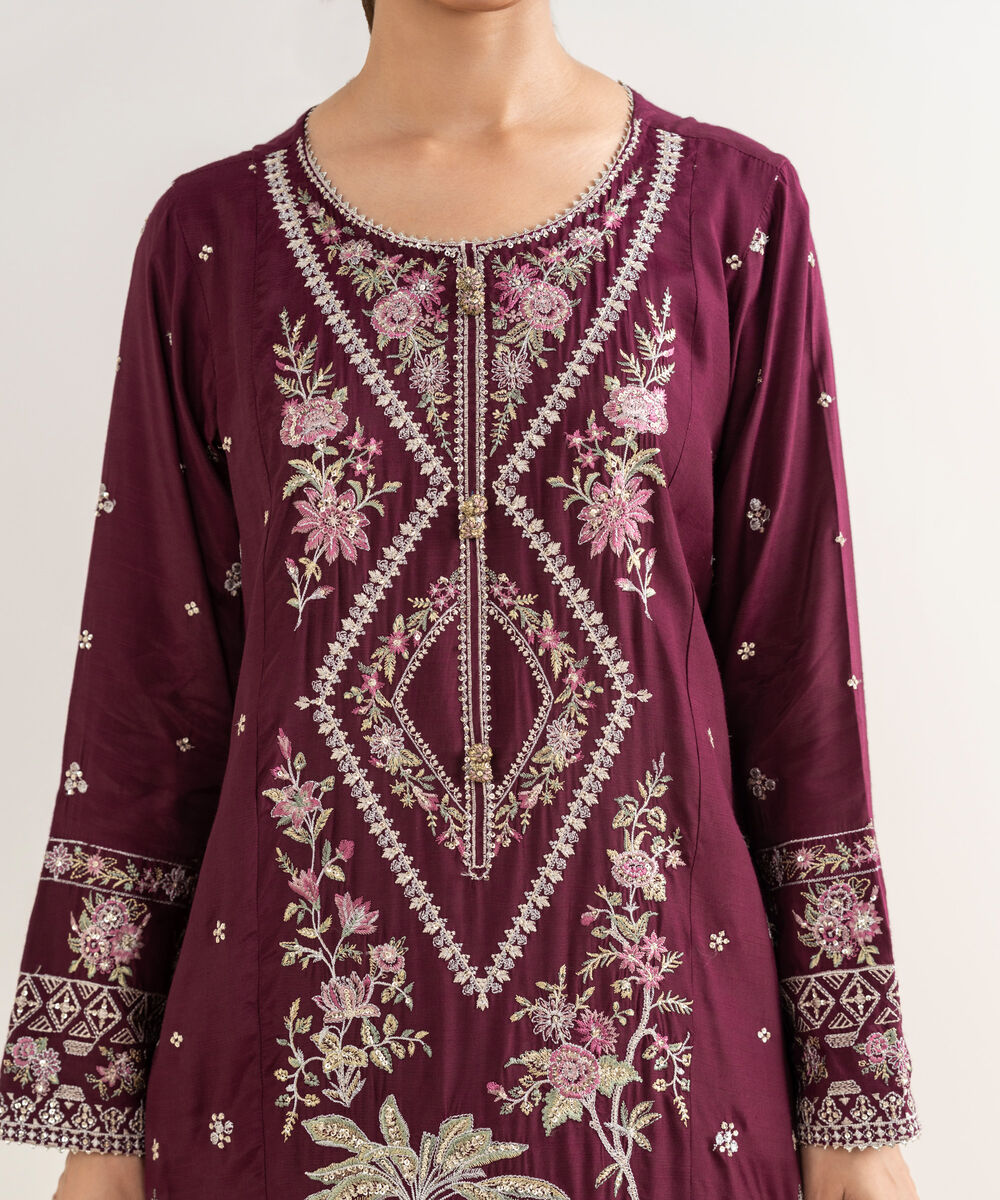 Women's RTW Viscose Raw Silk Embroidered Purple Three Piece Suit