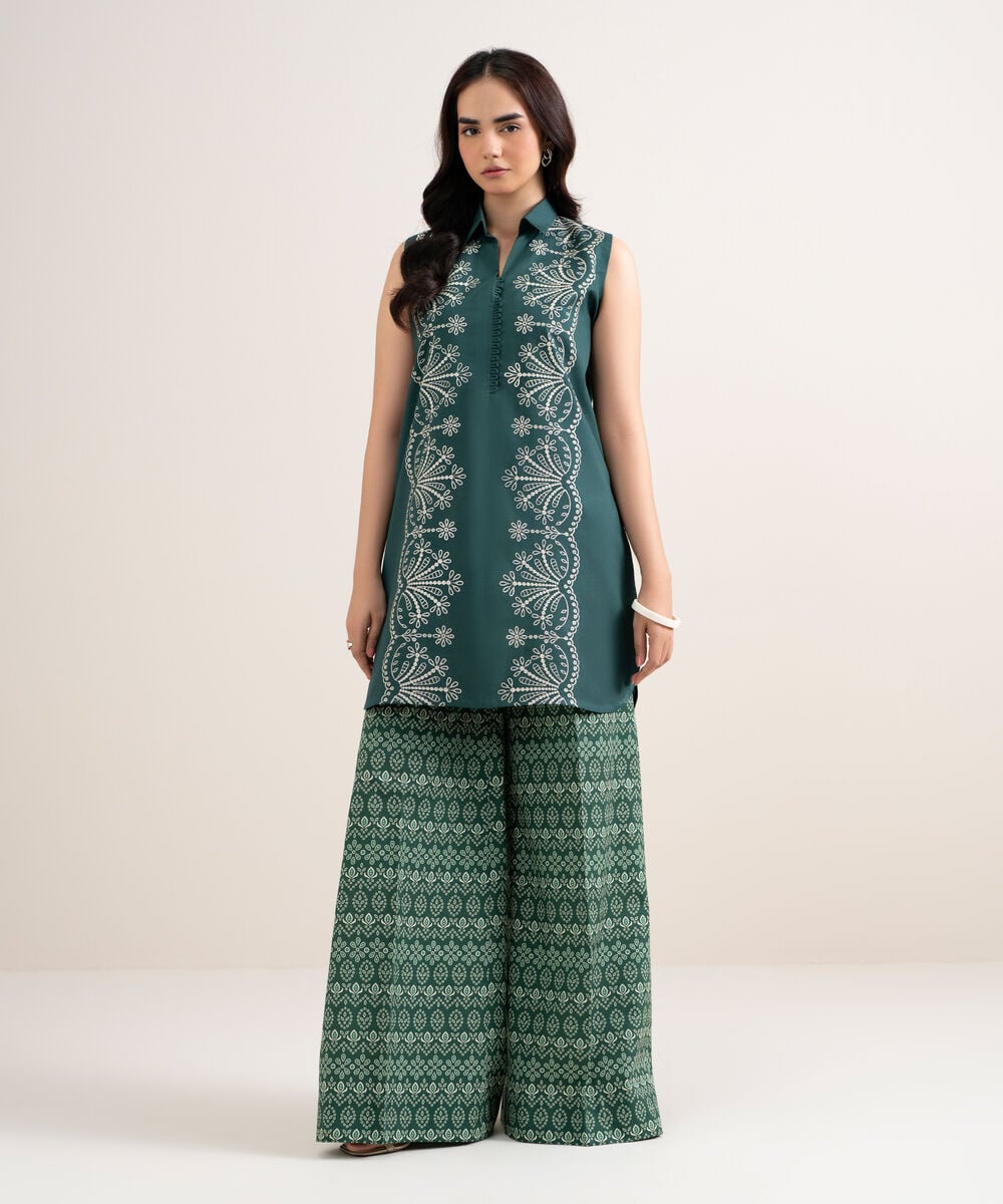 Women's Unstitched Cotton Embroidered Green 2 Piece Suit