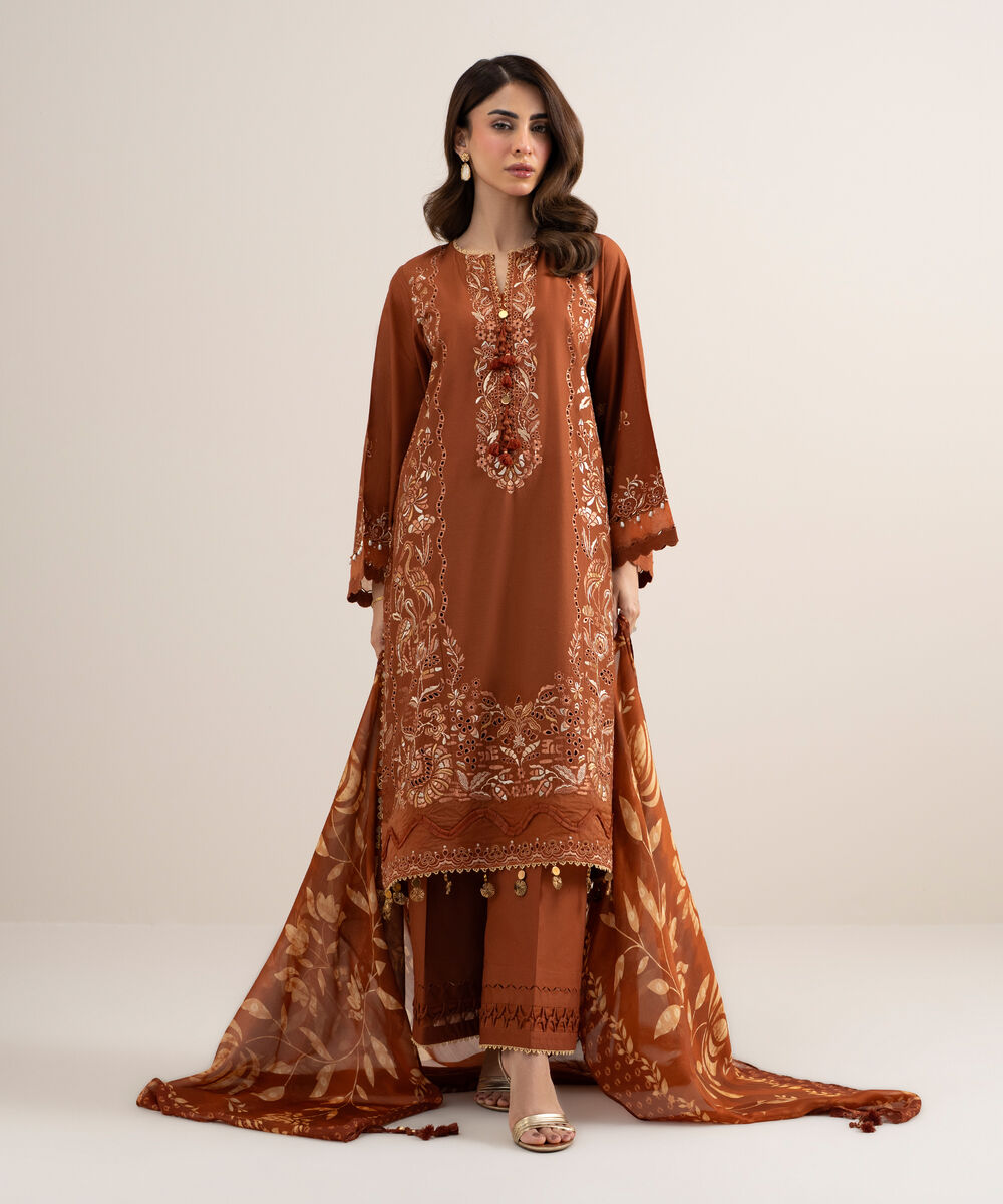 Women's Unstitched Dobby Embroidered Orange 3 Piece Suit