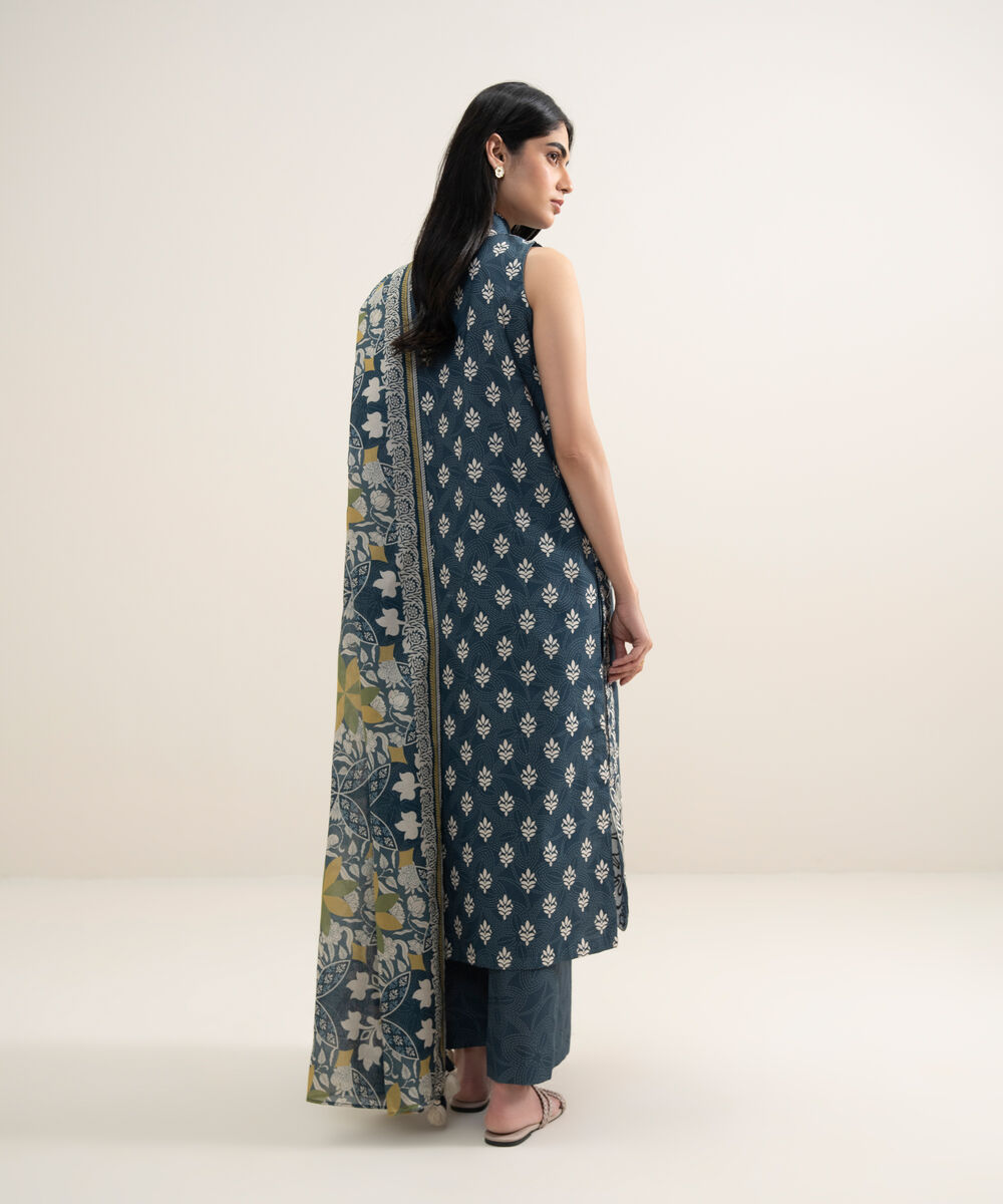 Women's Unstitched Lawn Embroidered Blue 3 Piece Suit