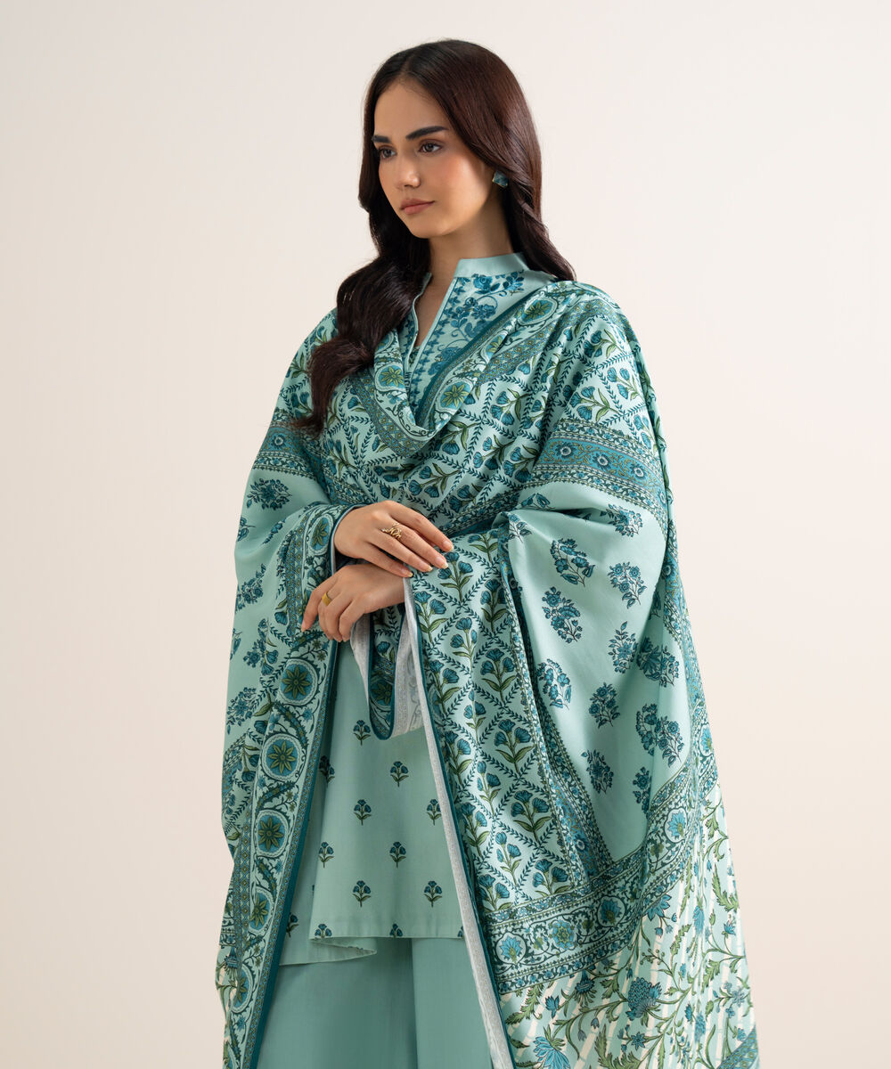 Women's Unstitched Embroidered Linen Light Aqua 3 Piece Suit