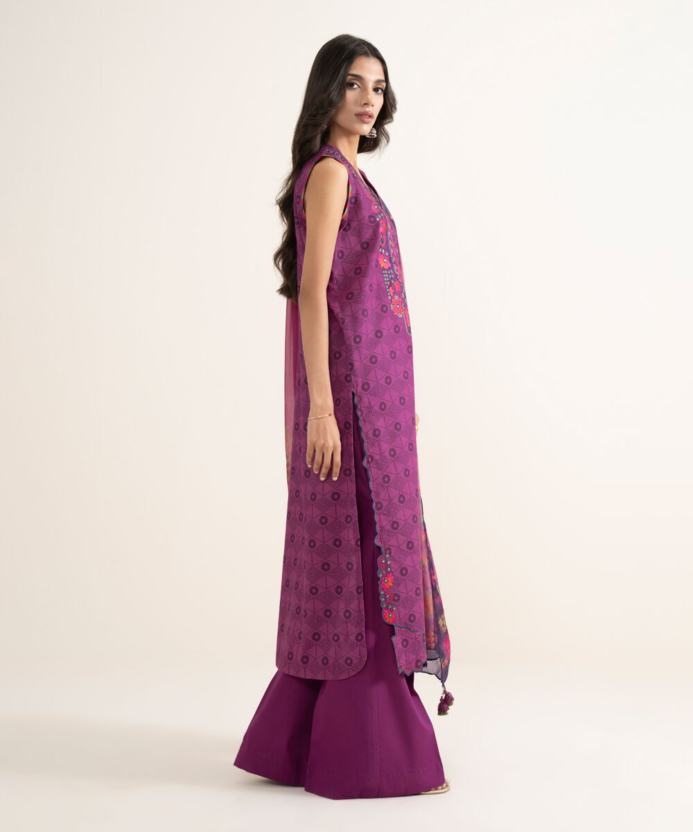 Women's Unstitched Lawn Embroidered Purple 3 Piece Suit