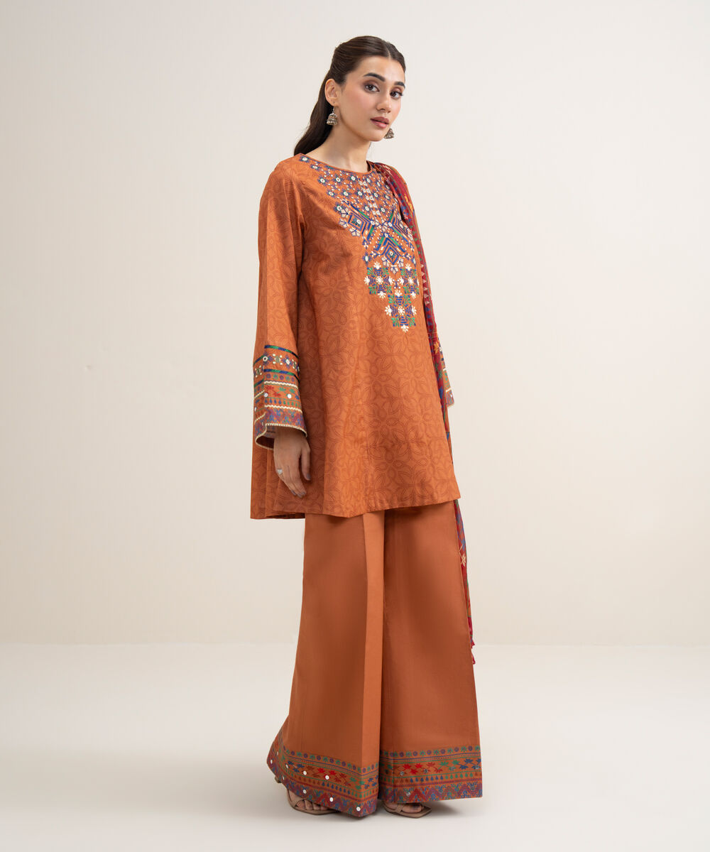 Women's Unstitched Lawn Embroidered Mustard 3 Piece Suit
