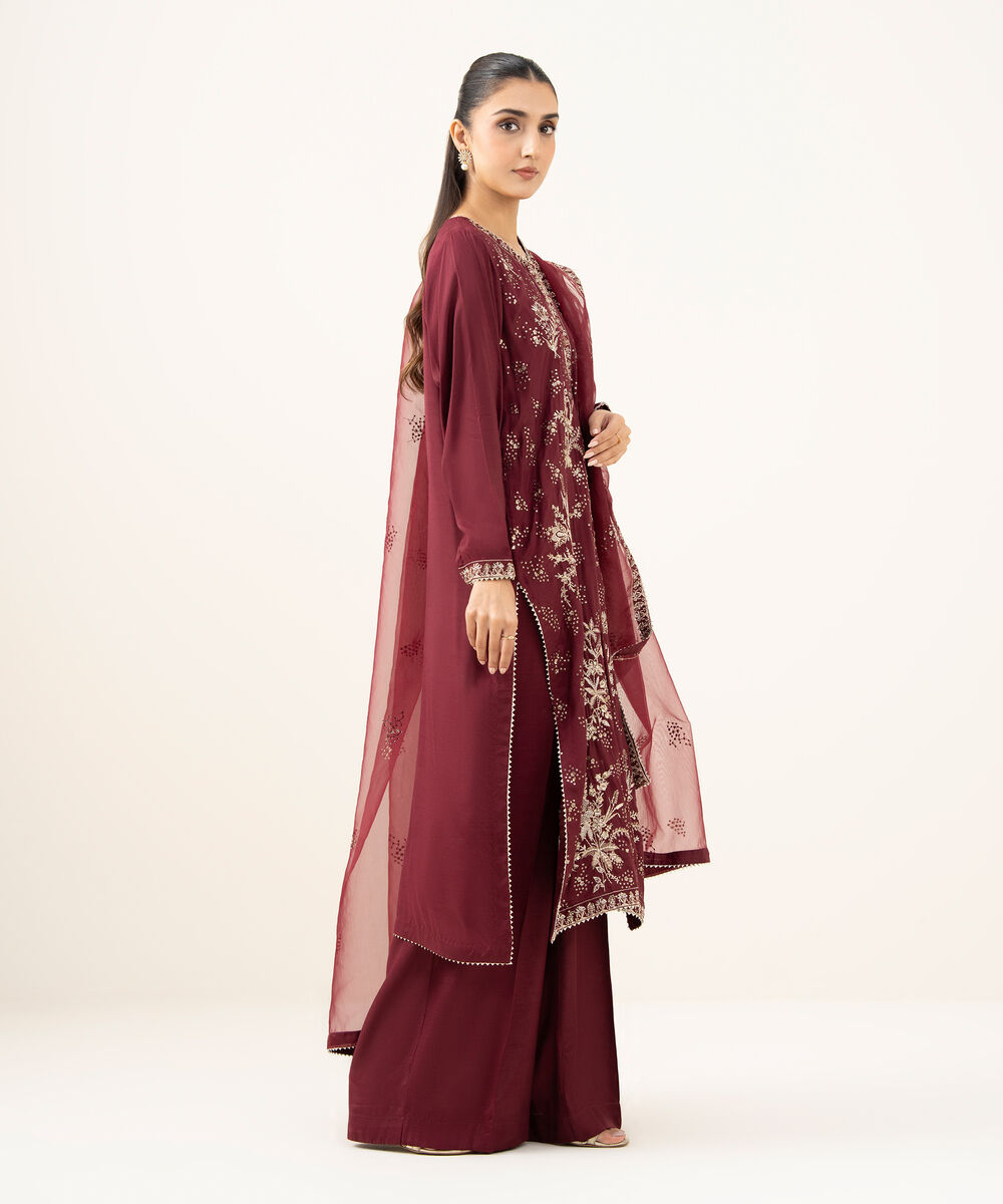Women's RTW Viscose Raw Silk Maroon Dyed Three Piece