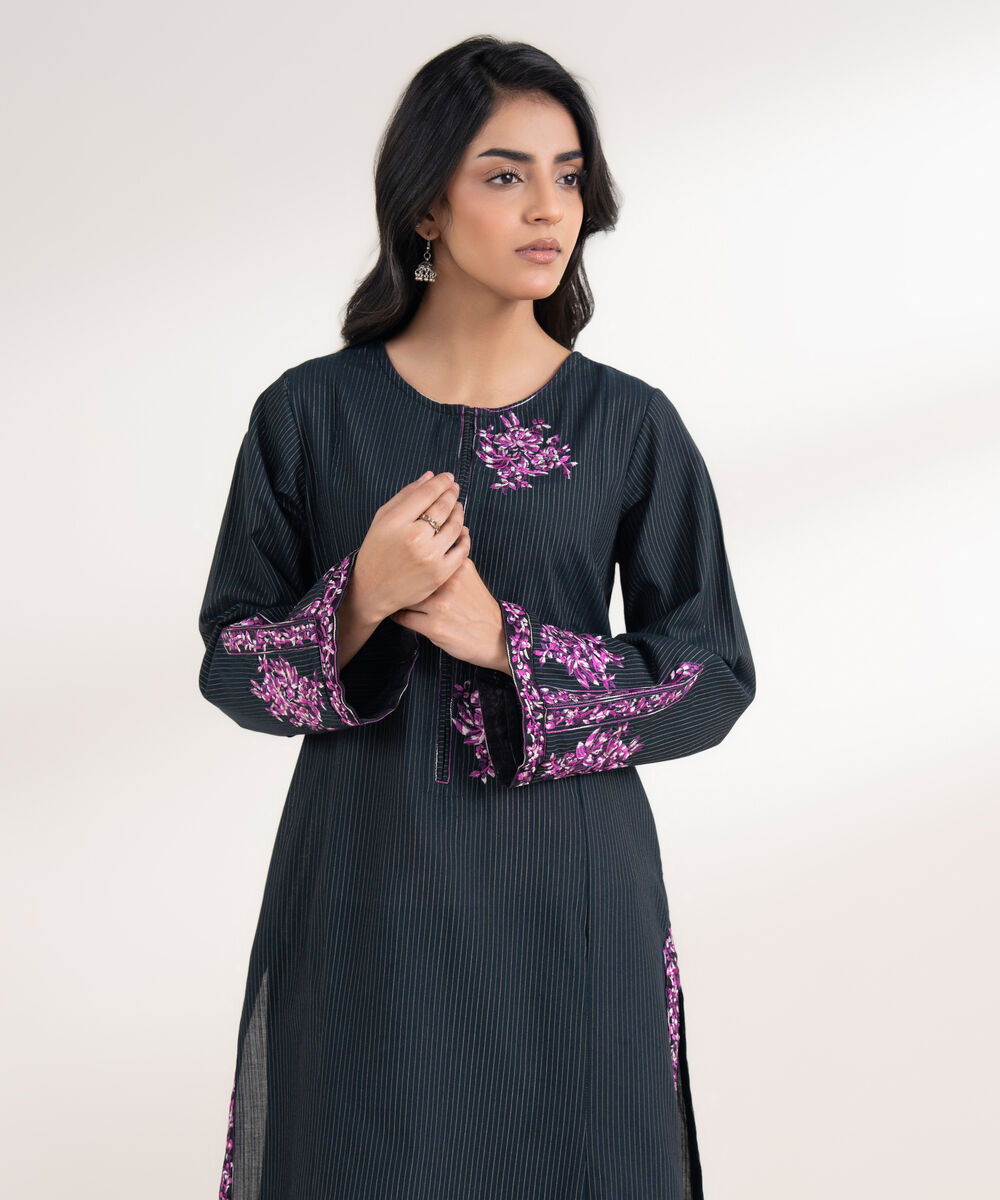 Women's RTW Zari Khaddar Embroidered Black Straight Shirt