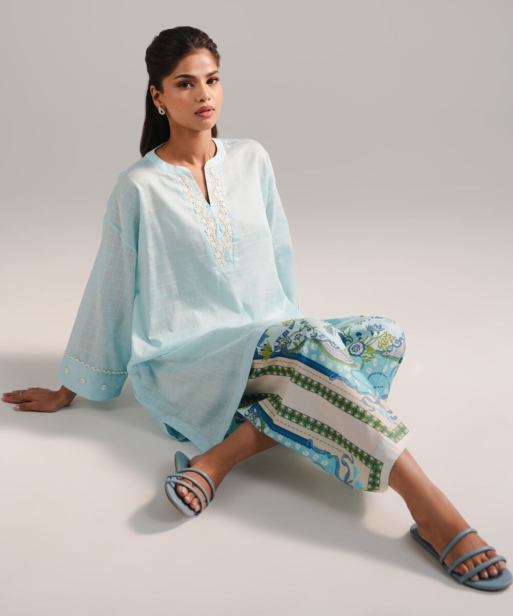 Women's RTW Dobby Embroidered Ice Blue 2 Piece Suit