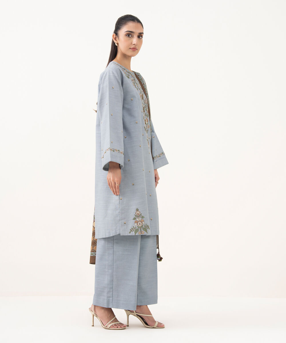 Women's Unstitched Khaddar Embroidered Blue 3 Piece Suit