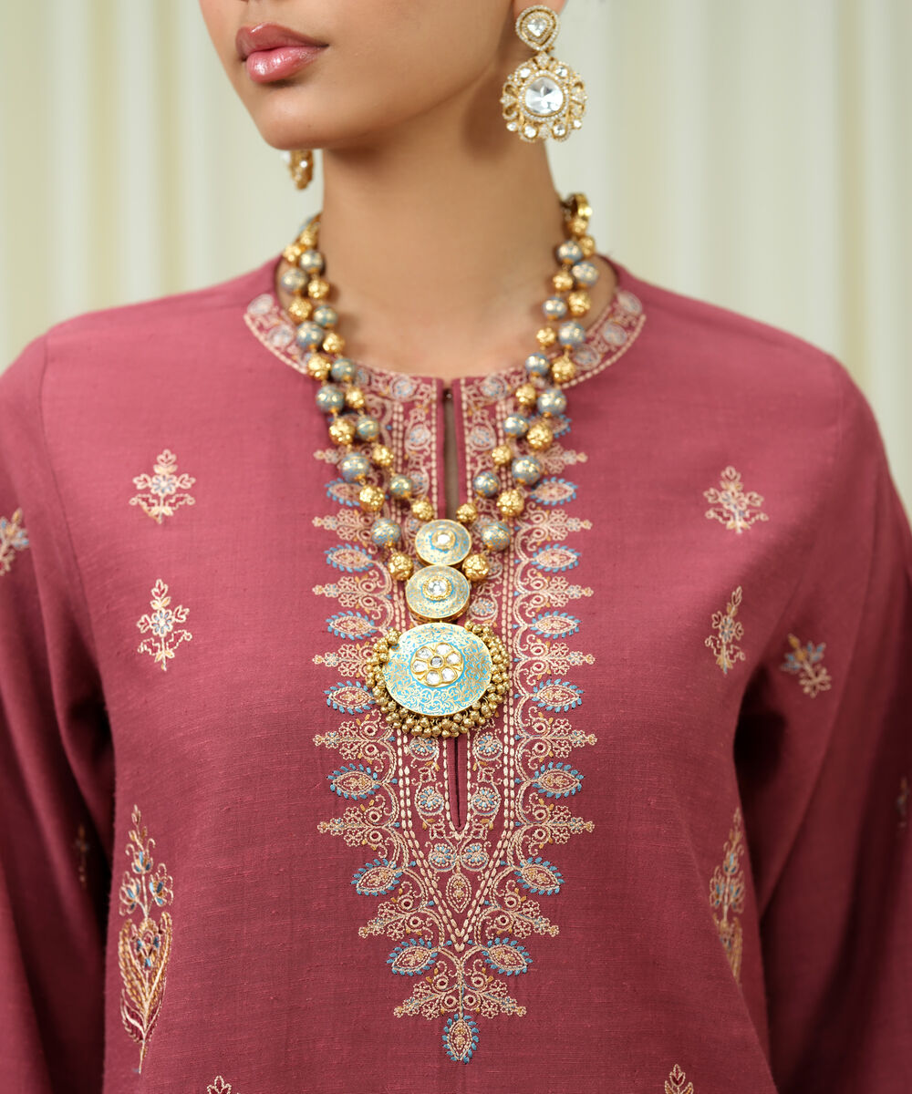 Women's Unstitched Viscose Karandi Embroidered Pink 3 Piece Suit