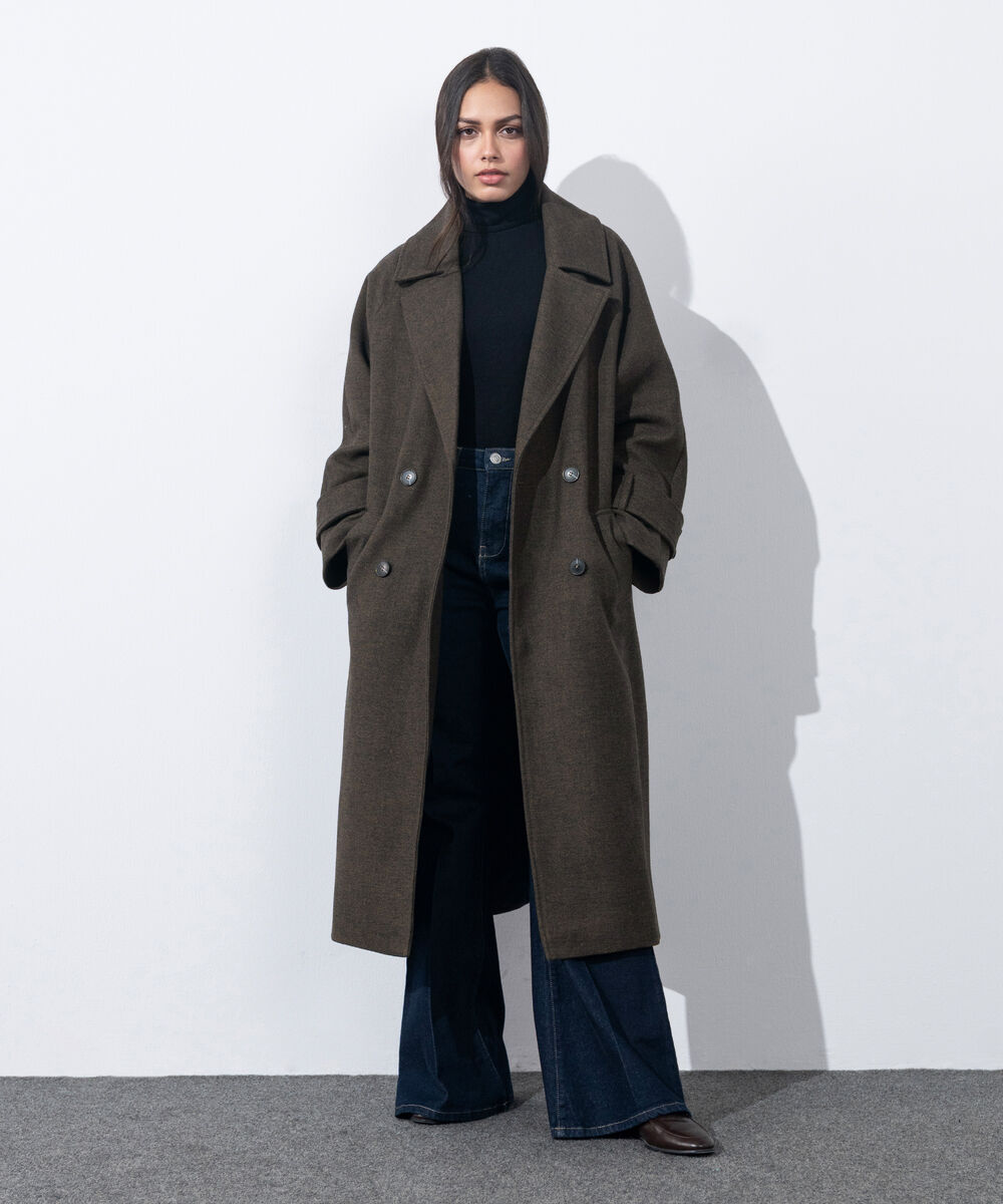 Women's Western Wear Green Melange Double Breasted Tweed Coat