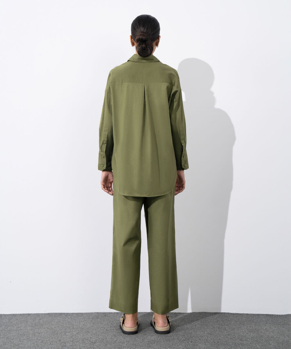 Women's Western Wear Green Loose Fit Linen Blend Shirt