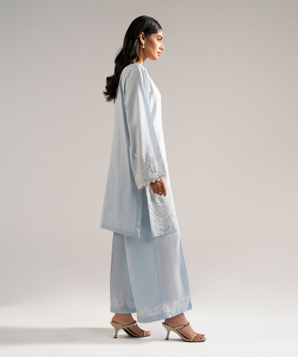 Women's RTW Self Jacquard Embroidered Blue 2 Piece Suit