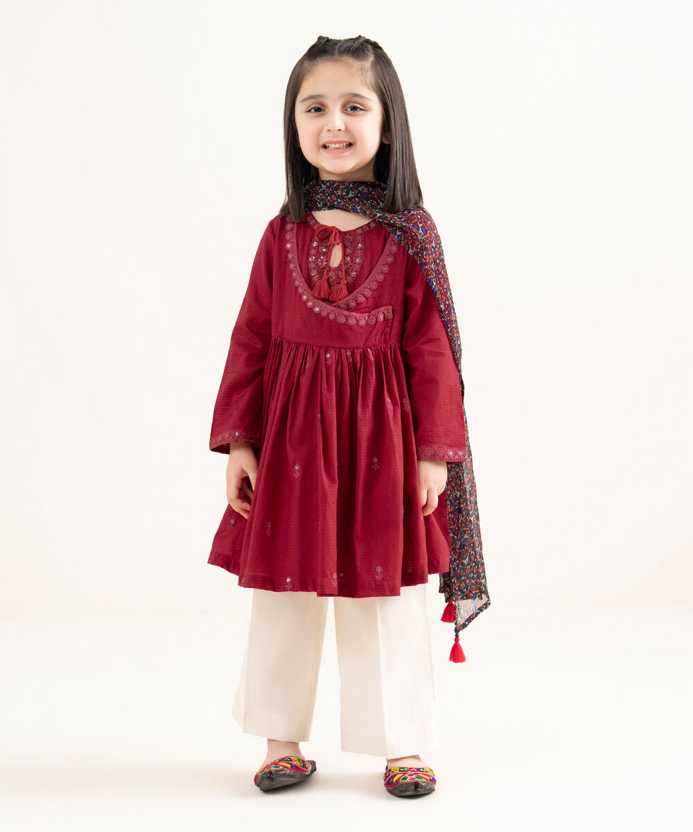 Girls Two Piece Embroidered Textured Lawn Shirt Dupatta
