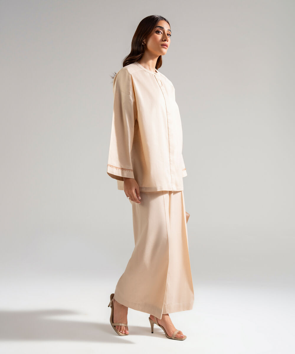Women's RTW Cotton Linen Solid Beige 2 Piece Suit